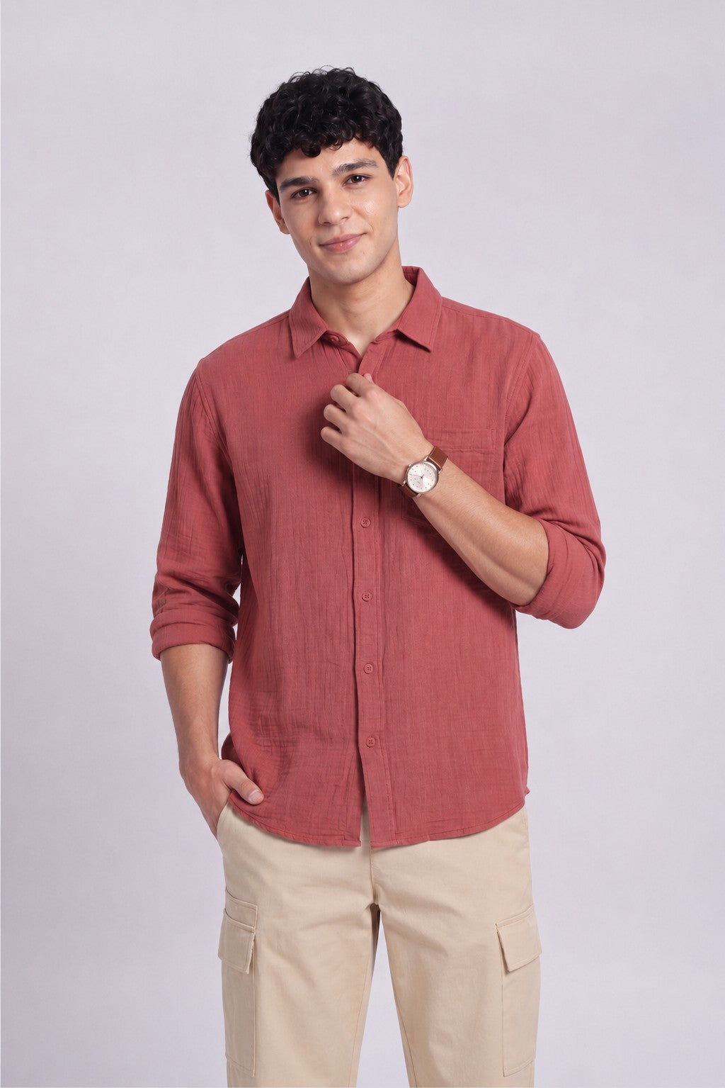 Rust Textured Regular Fit Casual Shirt for Men - Image 1