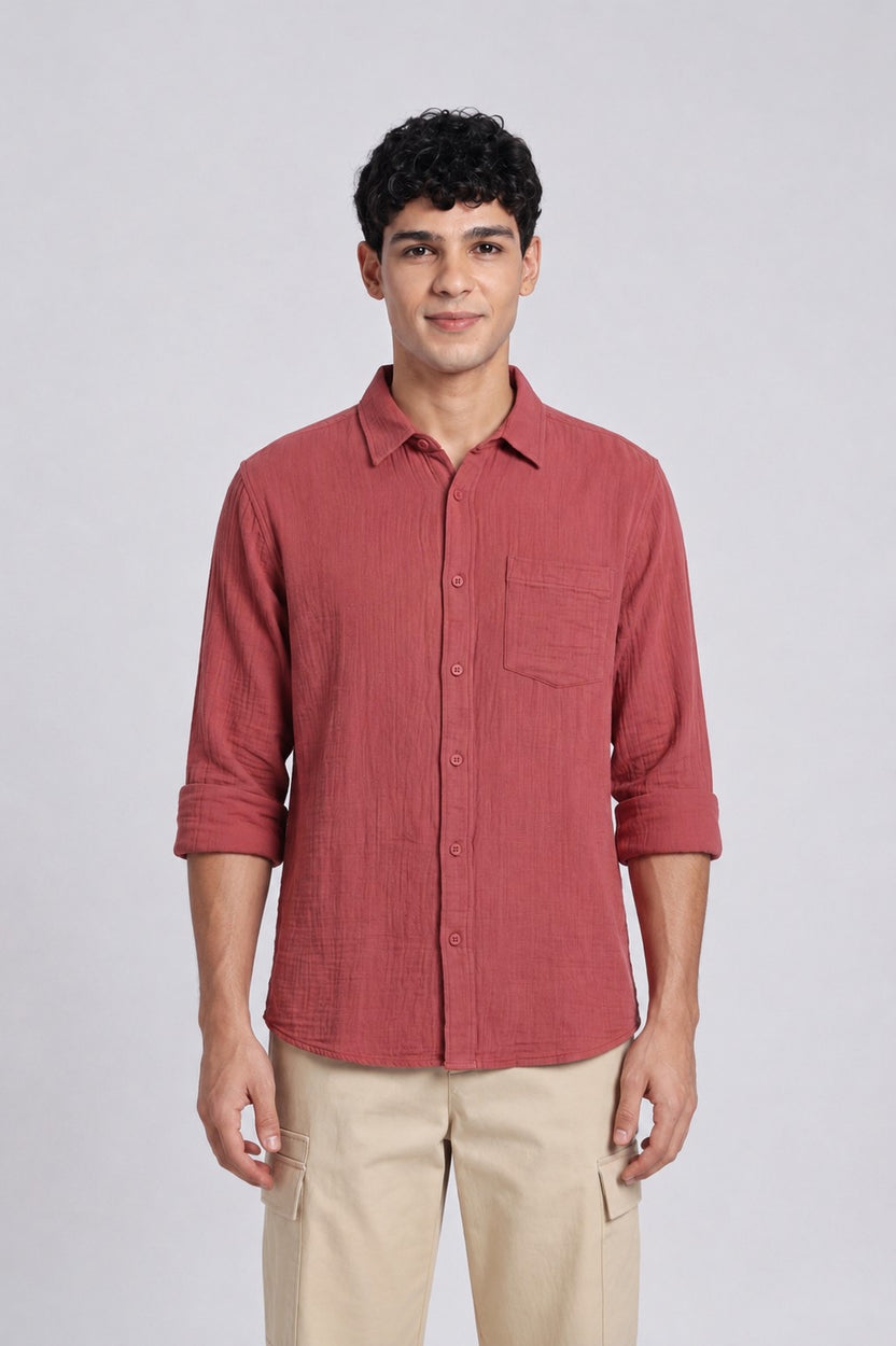 Rust Textured Regular Fit Casual Shirt for Men - Image 2