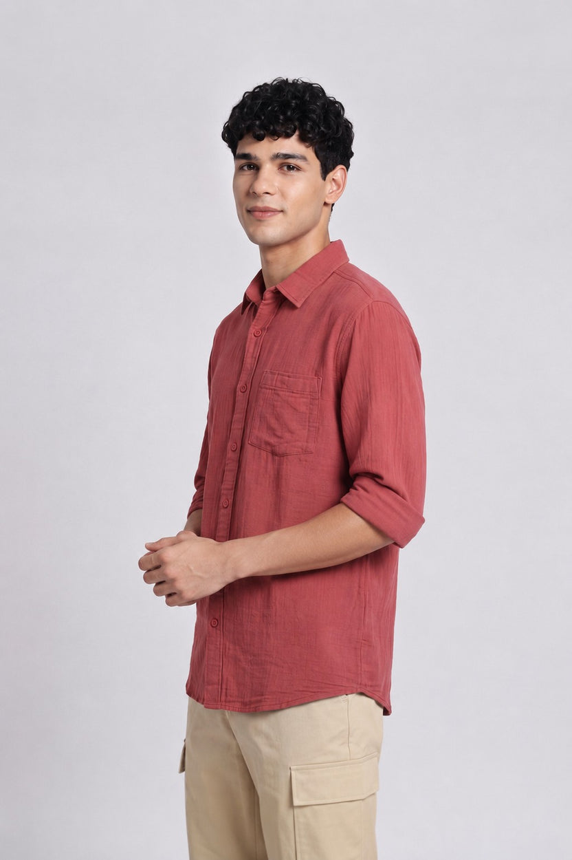 Rust Textured Regular Fit Casual Shirt for Men - Image 4