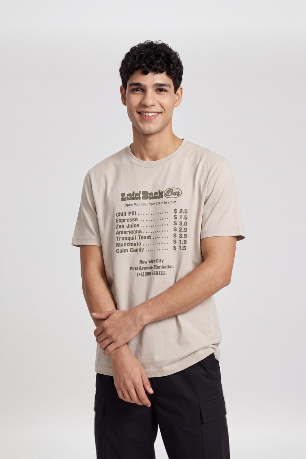 Beige Graphic Print Crew Neck T-Shirt for Men - Image 1