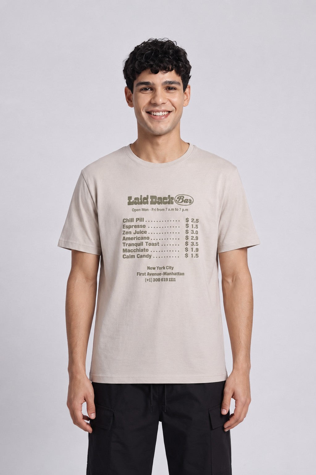 Beige Graphic Print Crew Neck T-Shirt for Men - Image 2