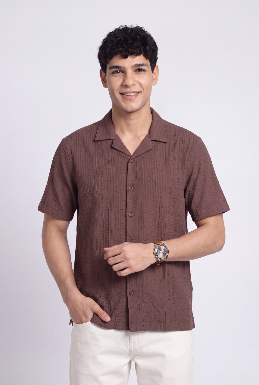 Brown Self Design Regular Fit Shirt for Men - Image 1