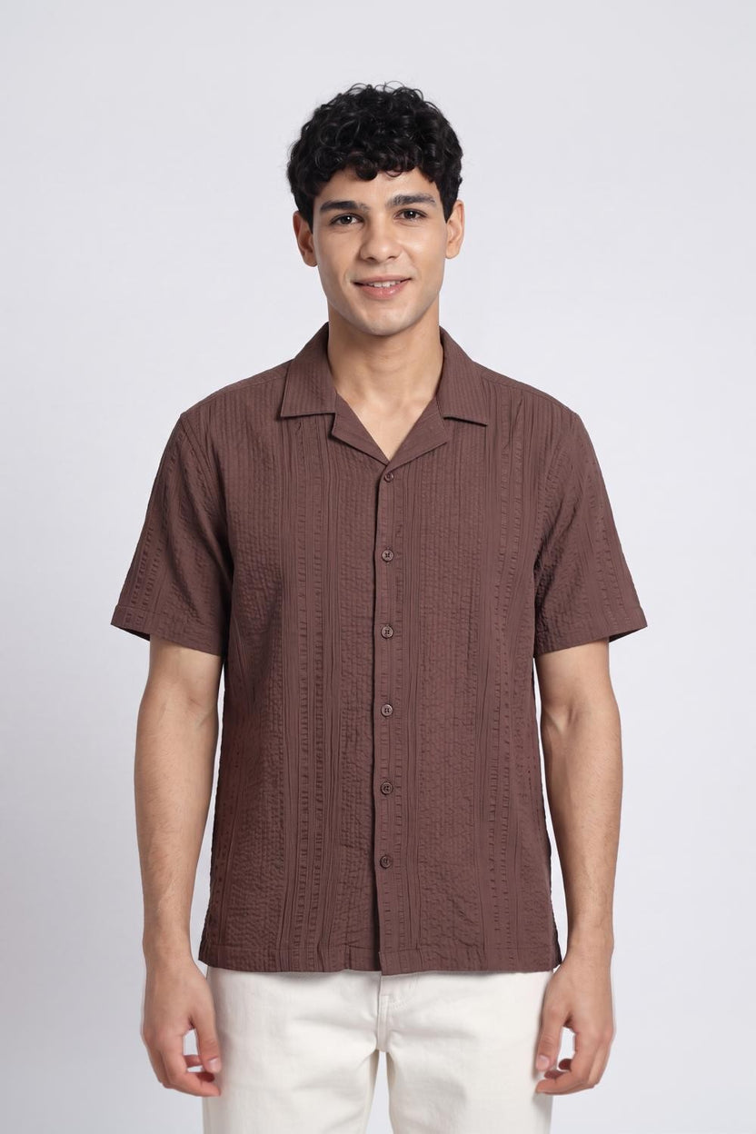 Brown Self Design Regular Fit Shirt for Men - Image 2
