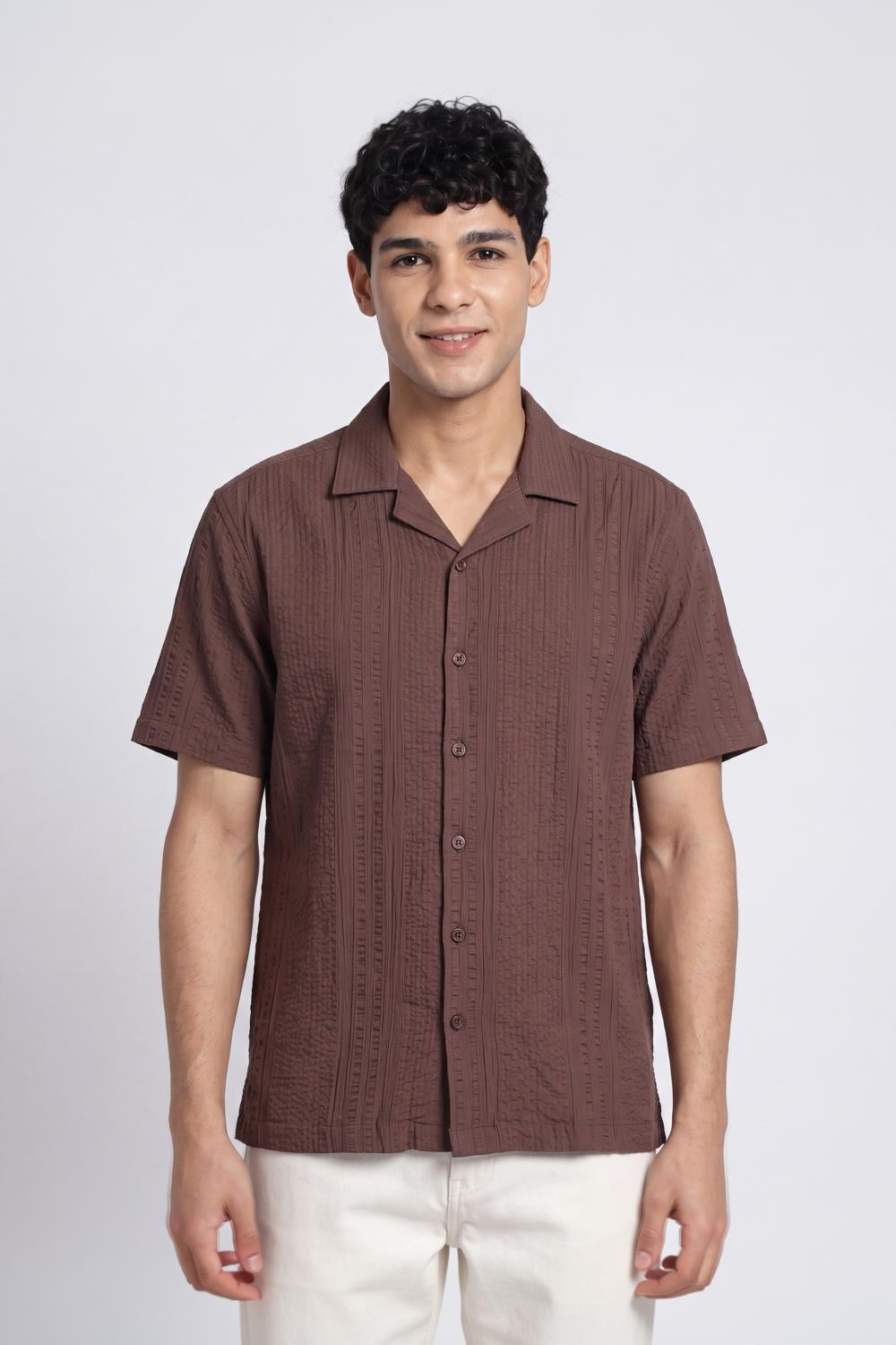Brown Self Design Regular Fit Shirt for Men - Image 2