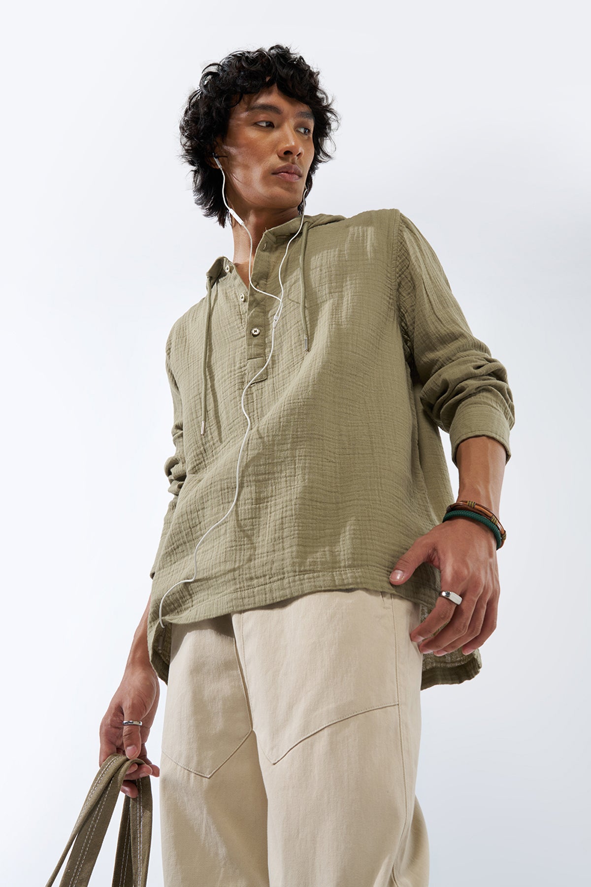 Green Textured Regular Fit Hooded Shirt for Men - Image 1