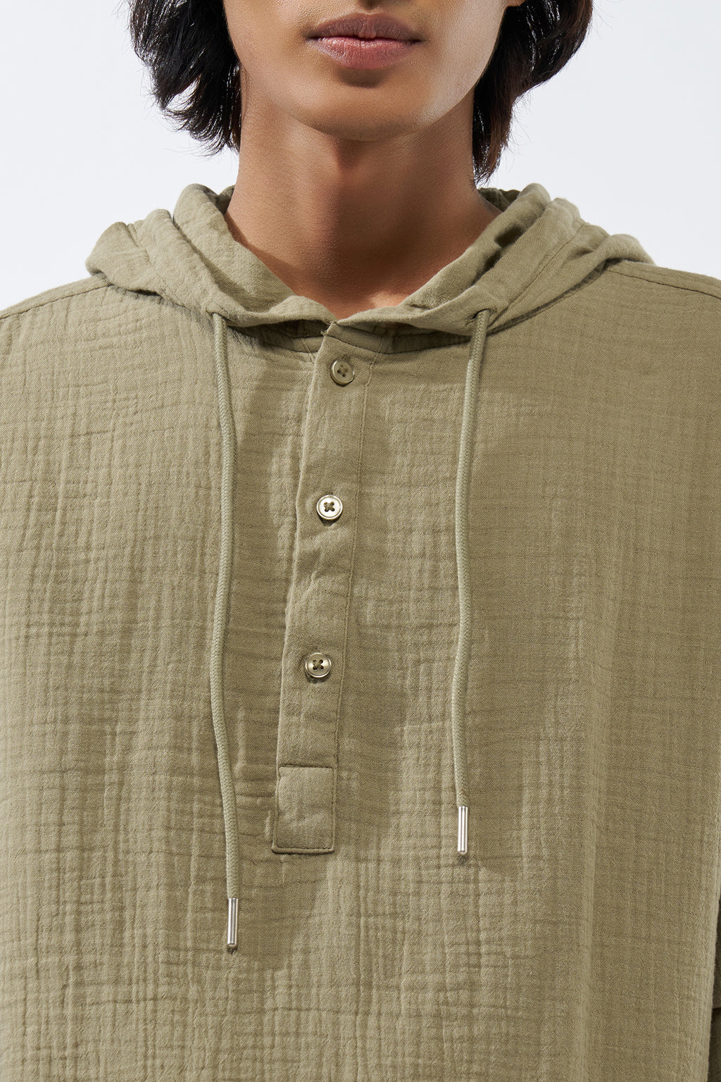 Green Textured Regular Fit Hooded Shirt for Men - Image 3