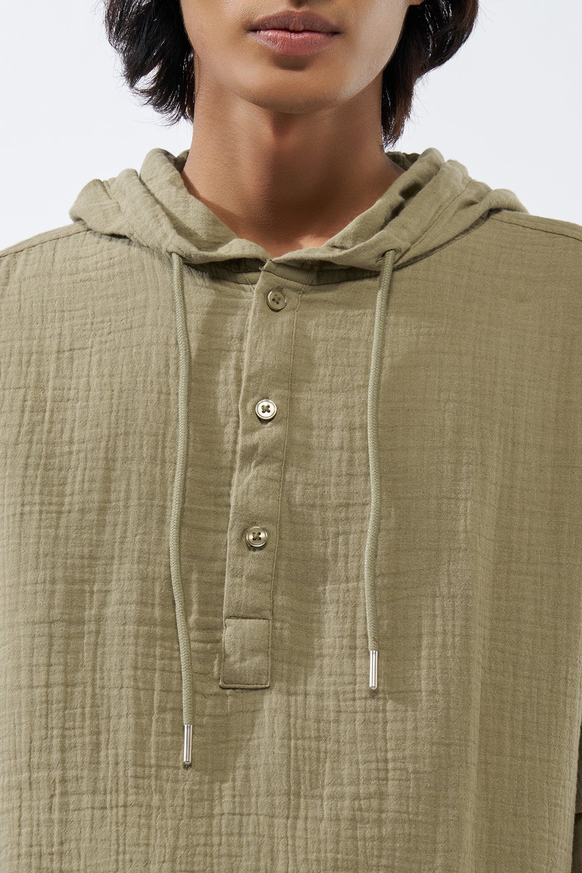 Green Textured Regular Fit Hooded Shirt for Men - Image 3