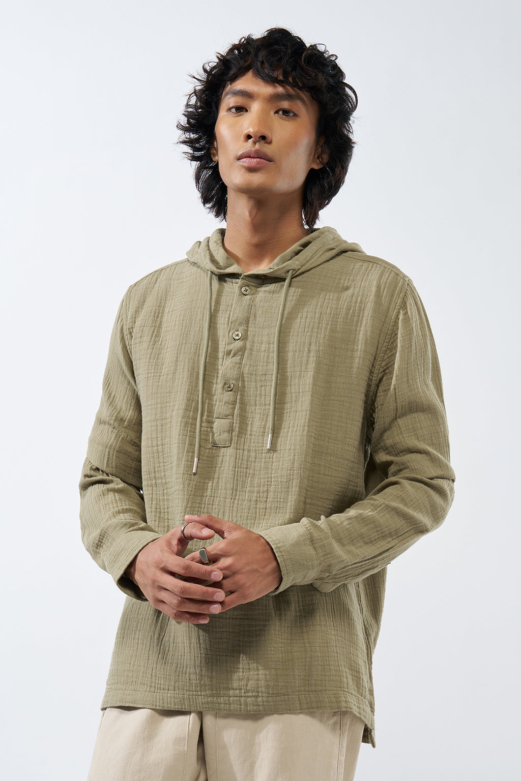Green Textured Regular Fit Hooded Shirt for Men - Image 2