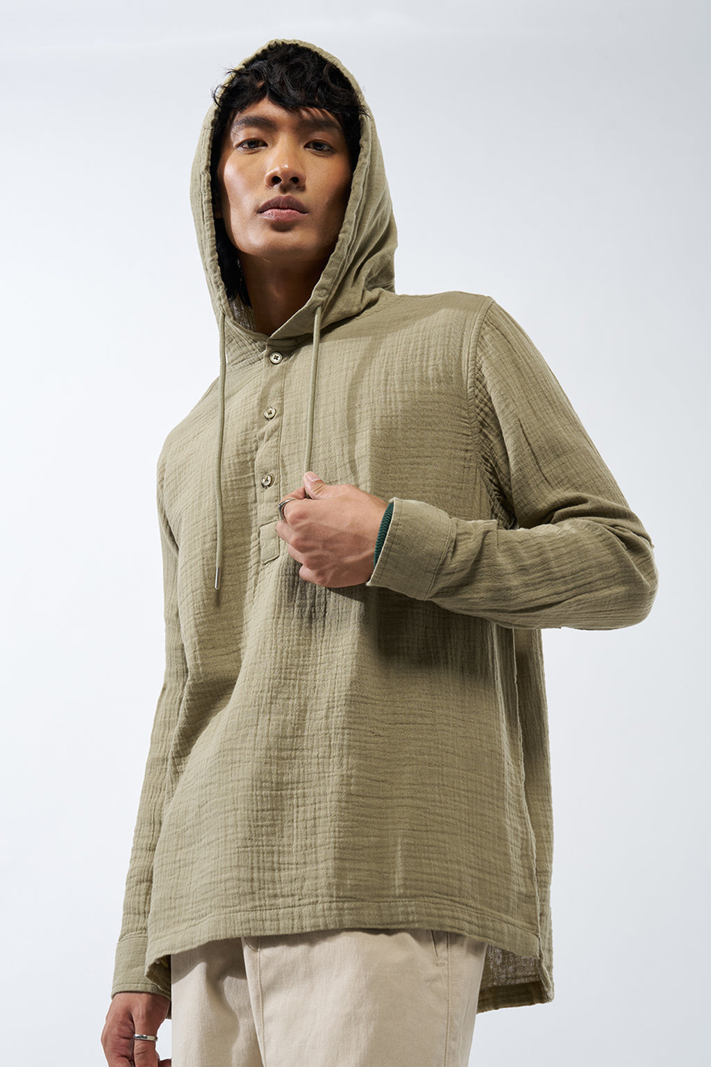 Green Textured Regular Fit Hooded Shirt for Men - Image 4