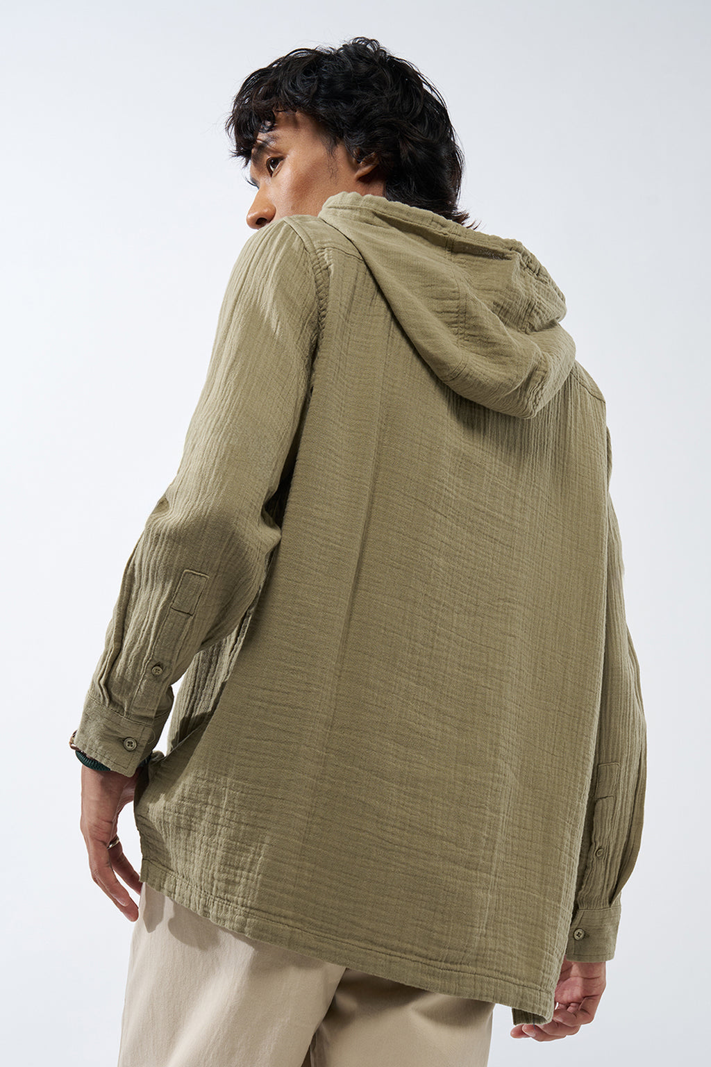Green Textured Regular Fit Hooded Shirt for Men - Image 5