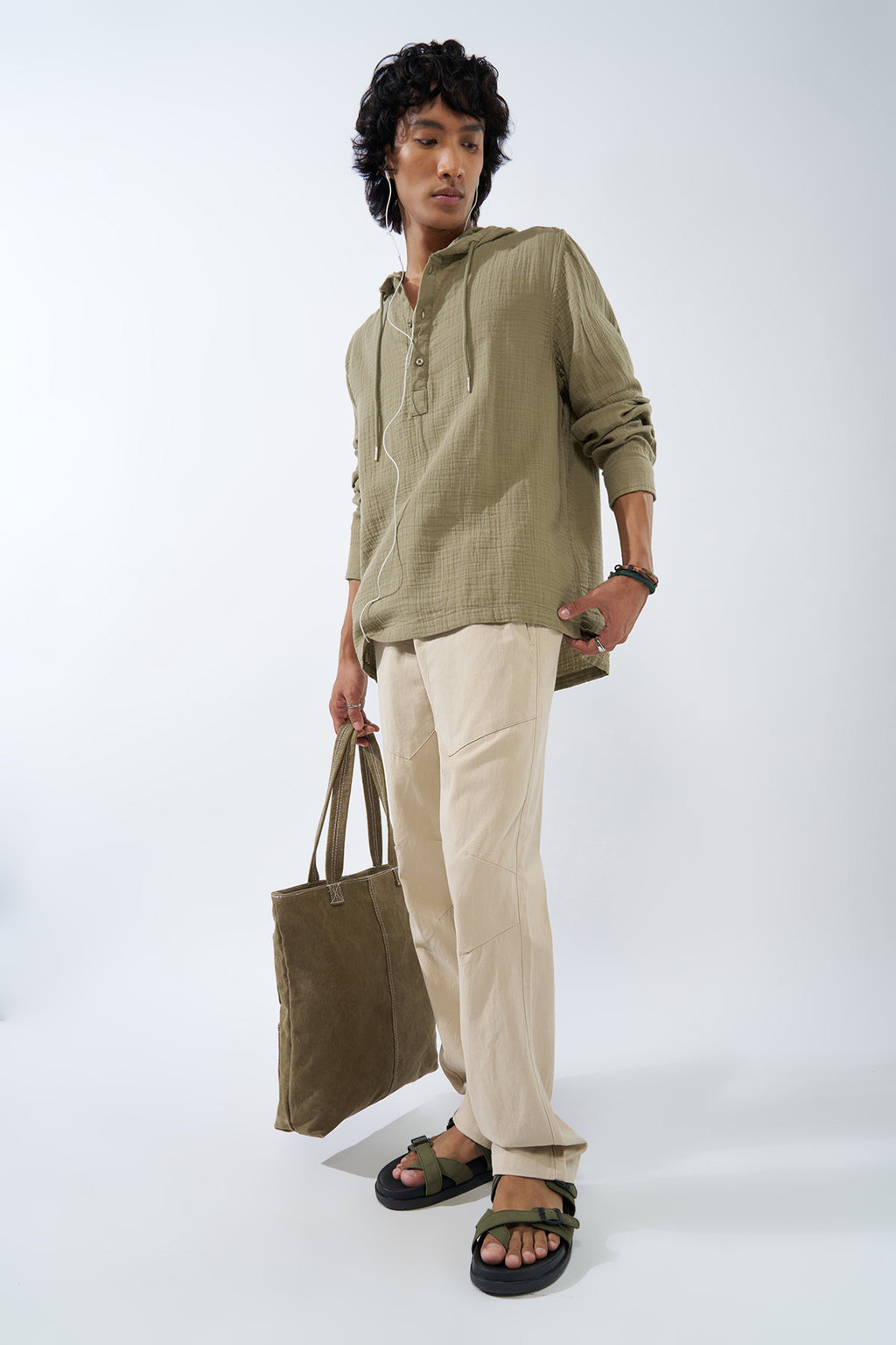 Green Textured Regular Fit Hooded Shirt for Men - Image 6