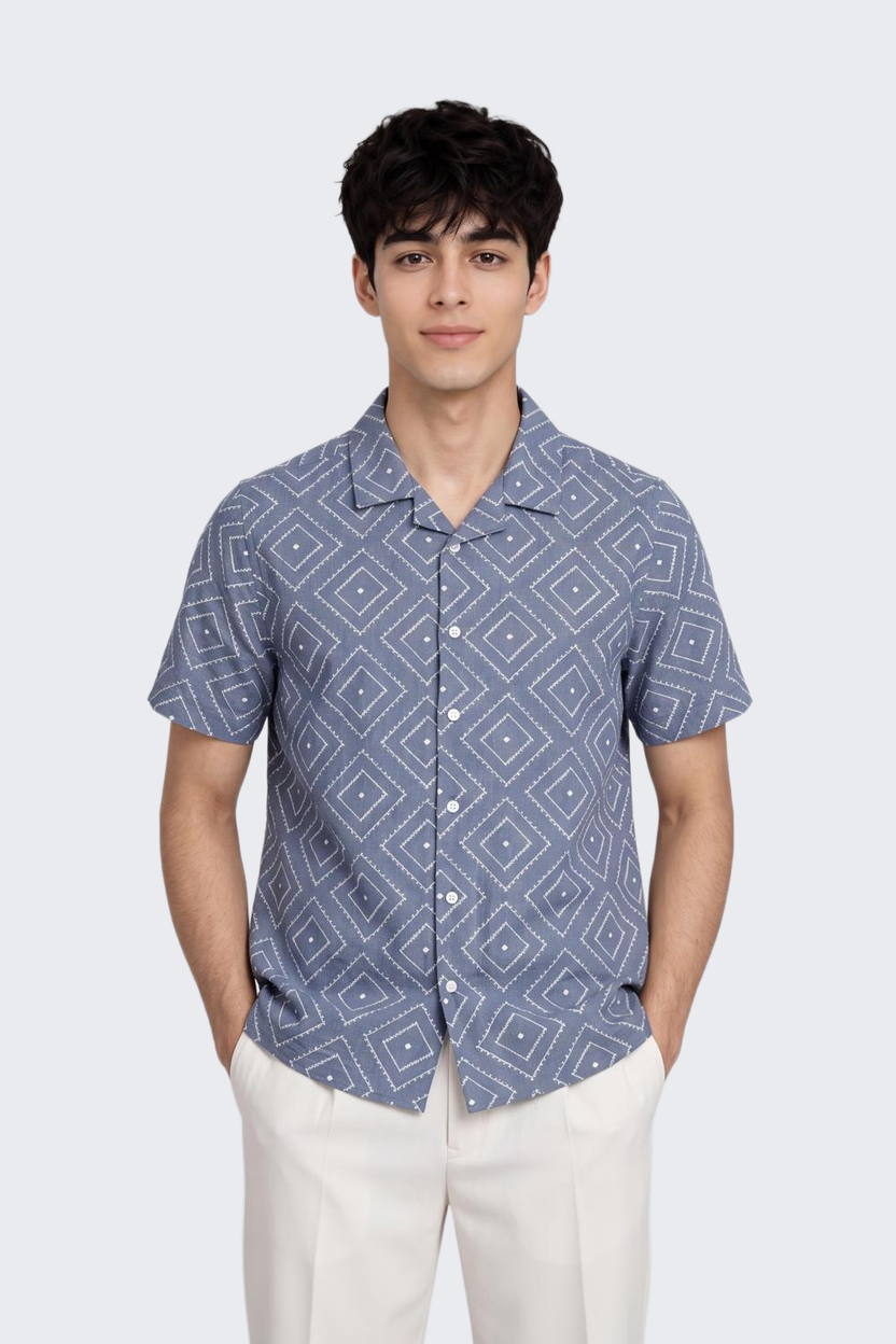 Blue Geometric Regular Fit Shirt for Men - Image 2