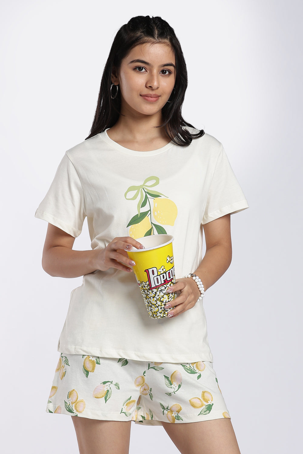 Yellow Lemon Print Cotton Night Suit for Women - Image 1