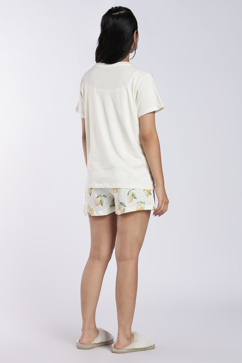 Yellow Lemon Print Cotton Night Suit for Women - Image 4