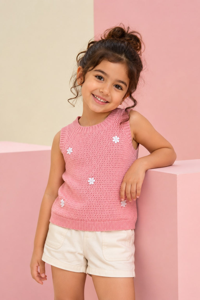 Coral Self Design Regular Fit Tank Top for Girls - Image 1