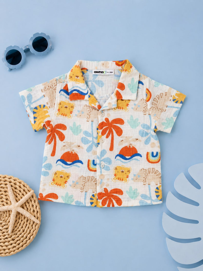 Multi Coloured Beach Theme Cotton Regular Fit Shirt for Infant Boys - Image 1