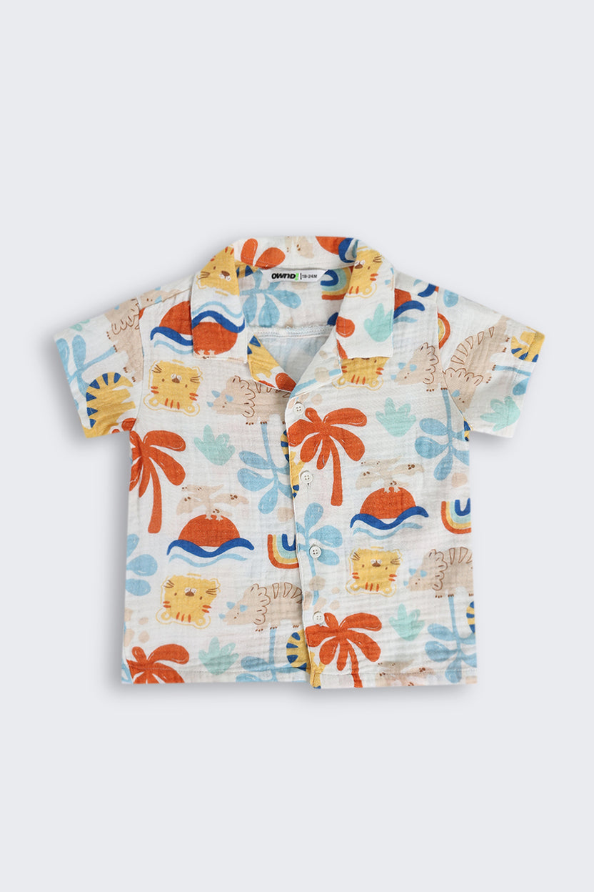 Multi Coloured Beach Theme Cotton Regular Fit Shirt for Infant Boys - Image 2