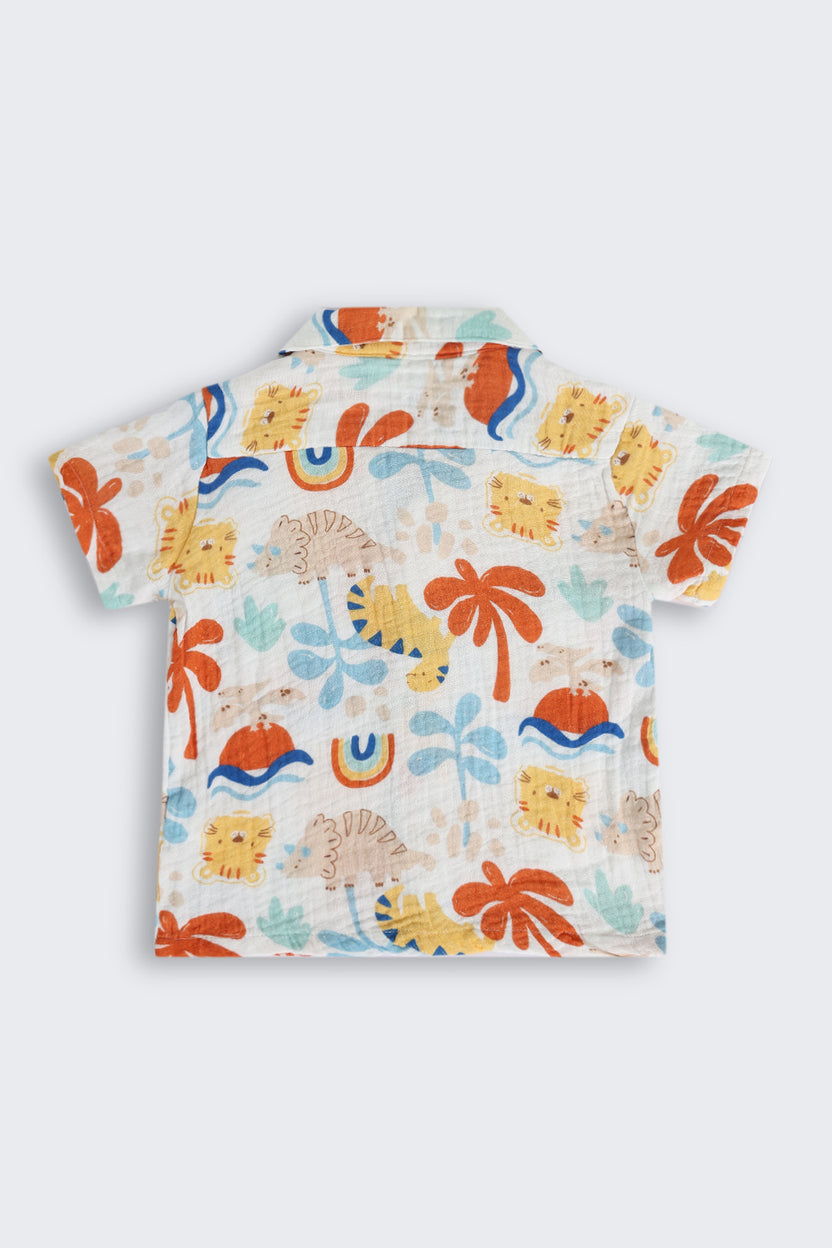 Multi Coloured Beach Theme Cotton Regular Fit Shirt for Infant Boys - Image 3