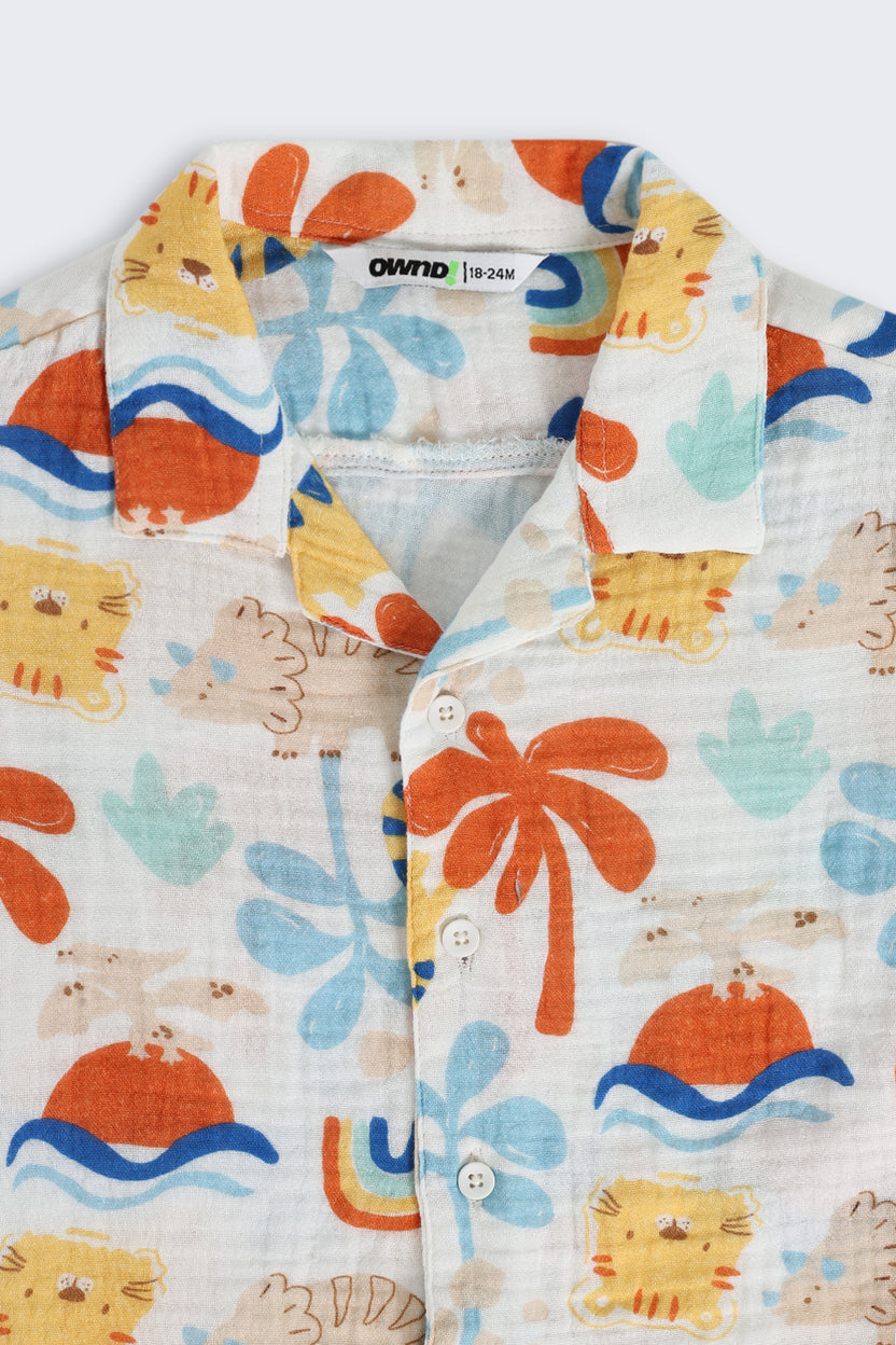 Multi Coloured Beach Theme Cotton Regular Fit Shirt for Infant Boys - Image 5