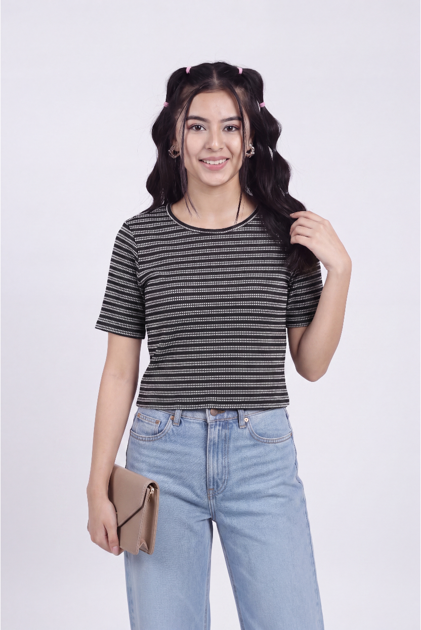 Black Striped Regular Fit Crop Top for Women - Image 1