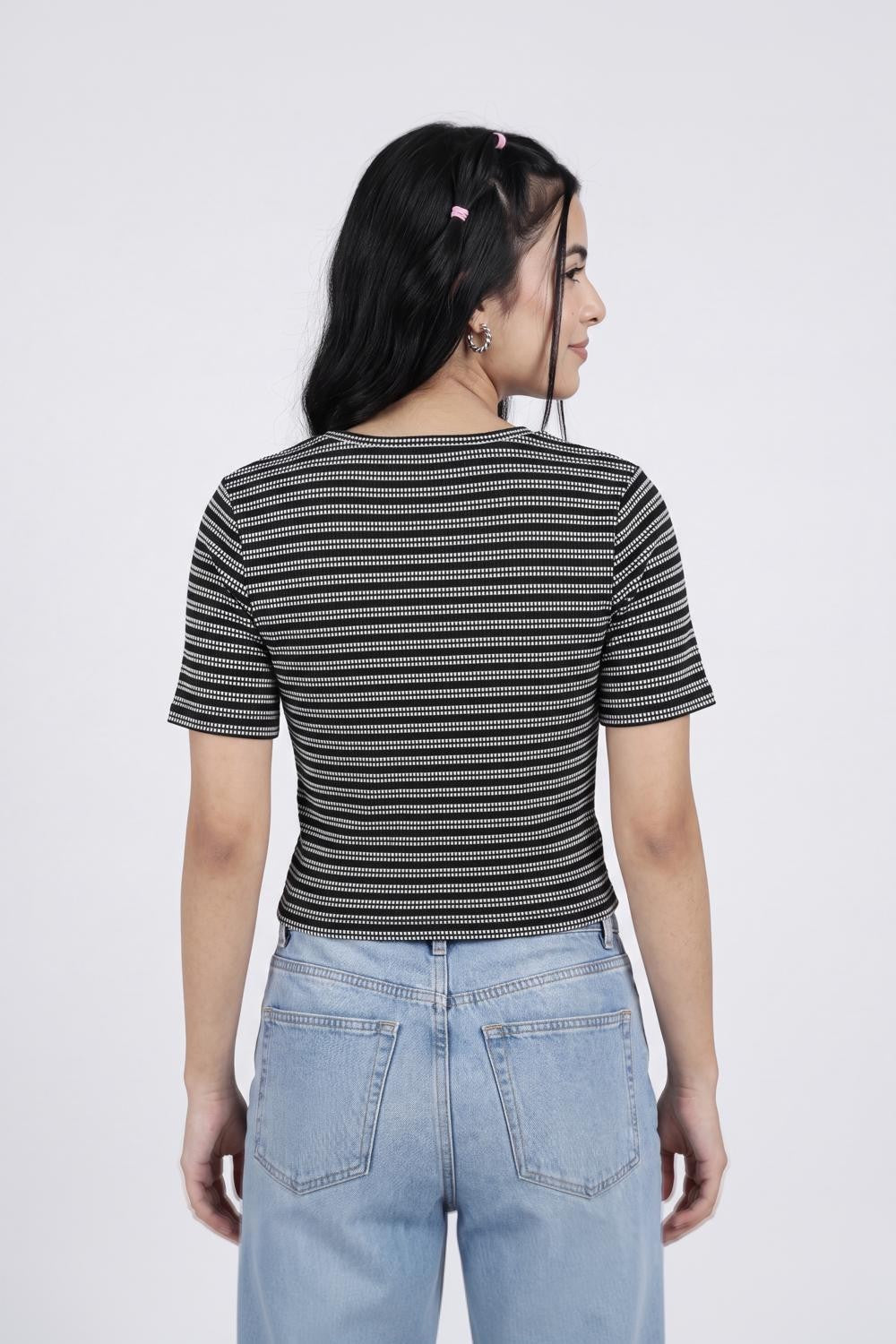 Black Striped Regular Fit Crop Top for Women - Image 5