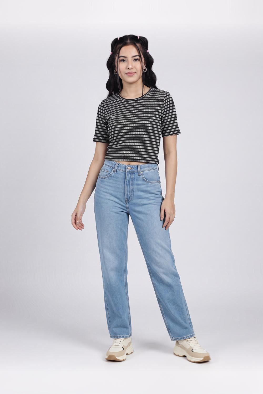 Black Striped Regular Fit Crop Top for Women - Image 6