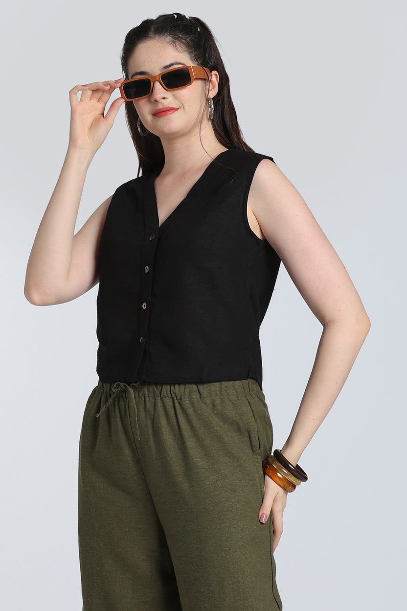 Black Solid Viscose Linen Regular Fit Top for Women - Image 1