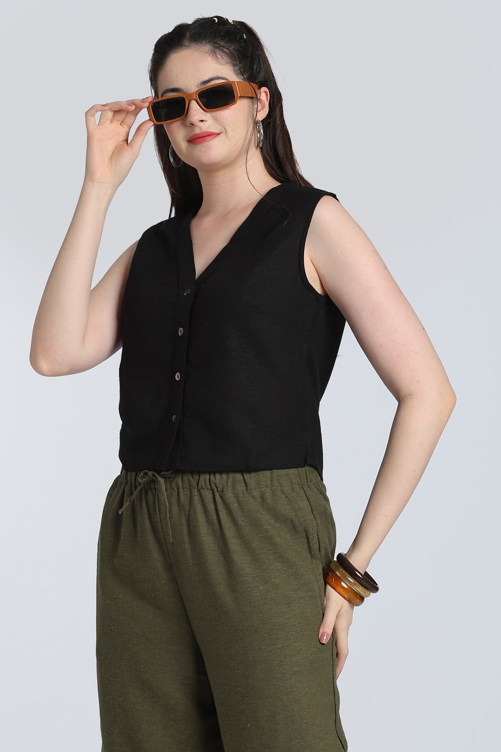 Black Solid Viscose Linen Regular Fit Top for Women - Image 1
