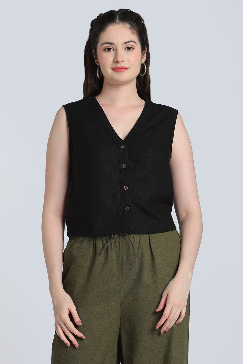 Black Solid Viscose Linen Regular Fit Top for Women - Image 2