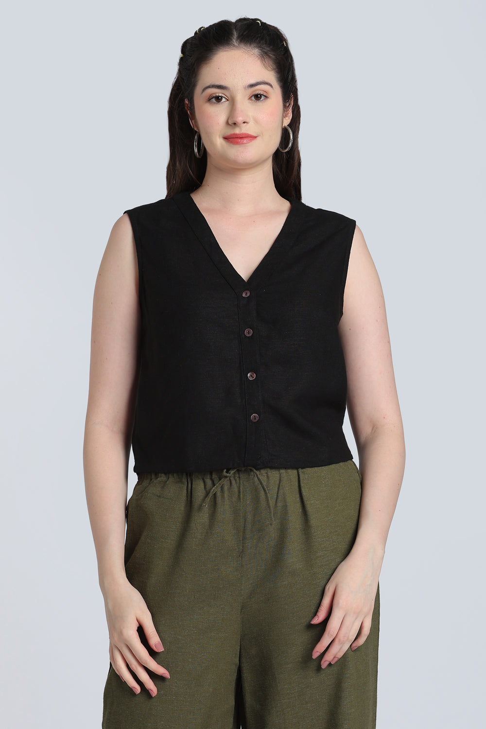 Black Solid Viscose Linen Regular Fit Top for Women - Image 2