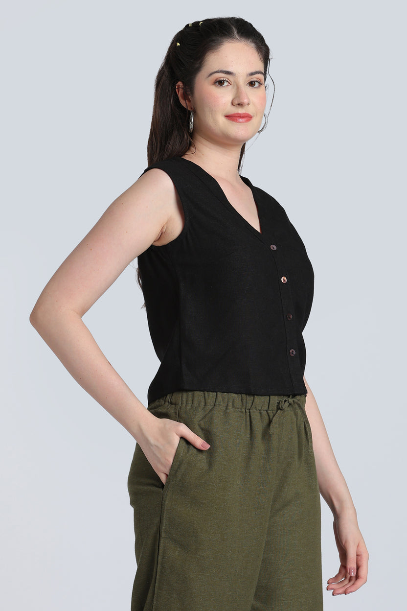Black Solid Viscose Linen Regular Fit Top for Women - Image 4