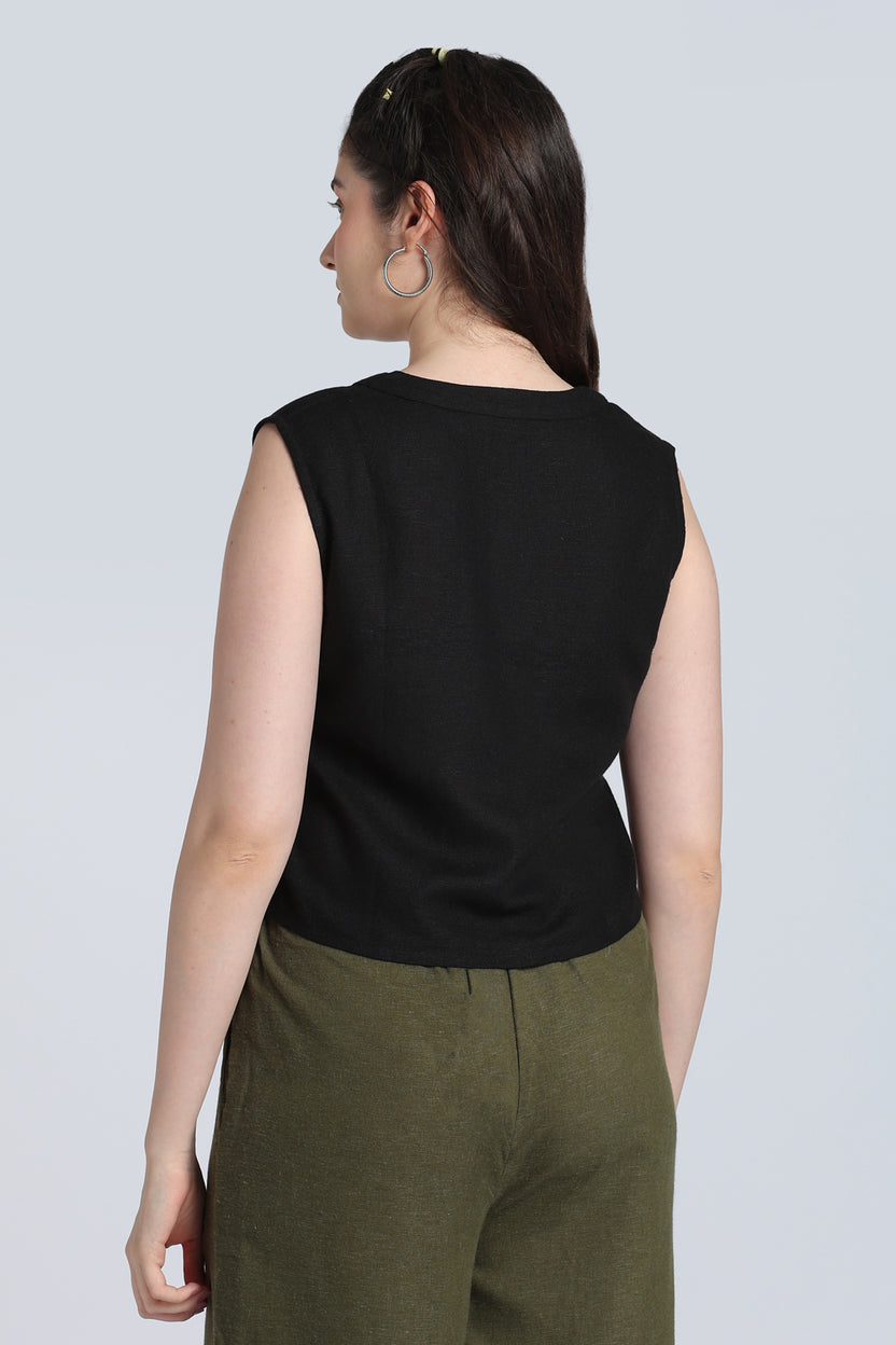 Black Solid Viscose Linen Regular Fit Top for Women - Image 5