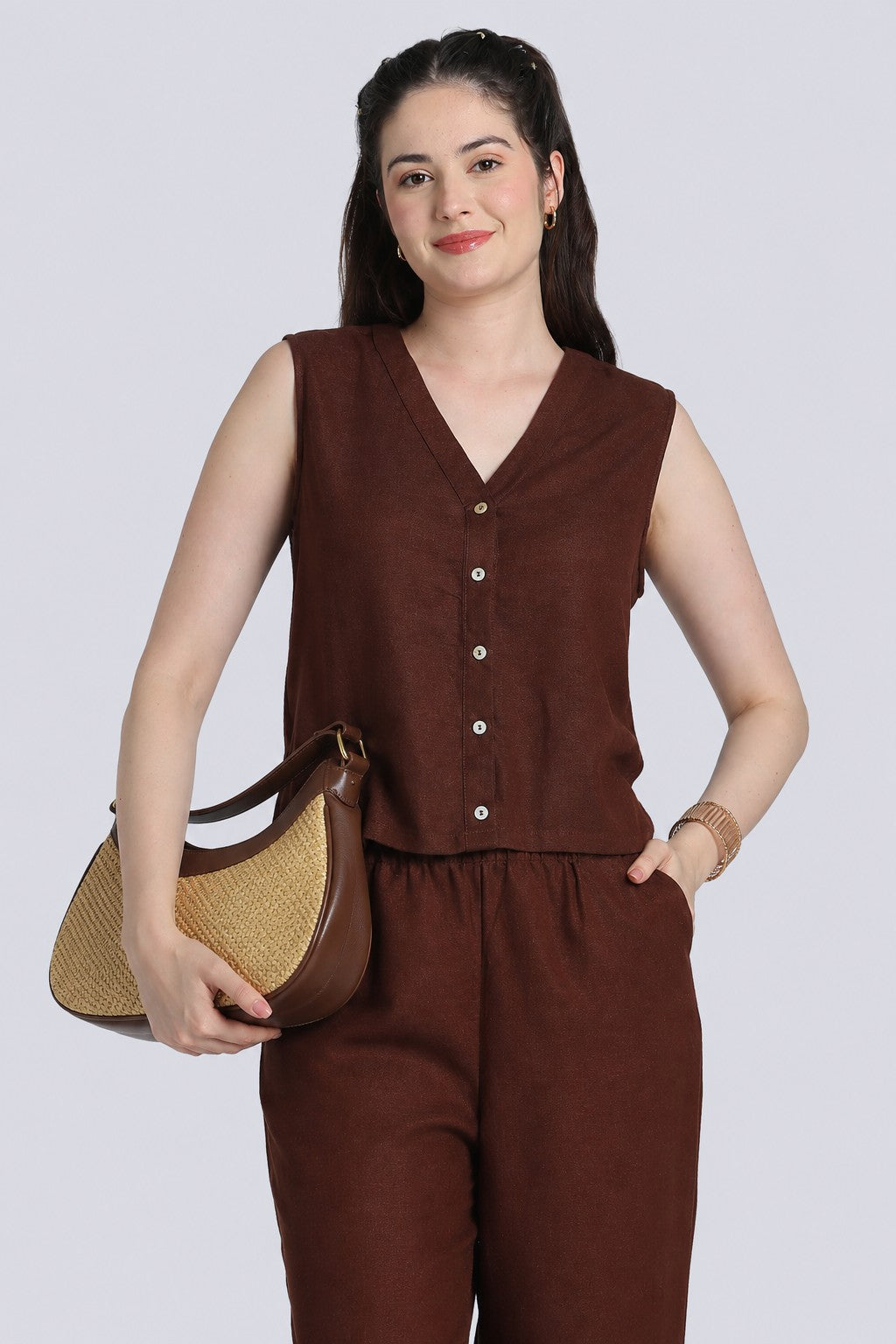 Brown Solid Viscose Linen Regular Fit Top for Women - Image 1