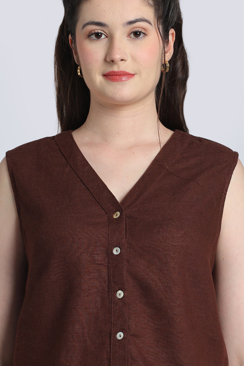Brown Solid Viscose Linen Regular Fit Top for Women - Image 7