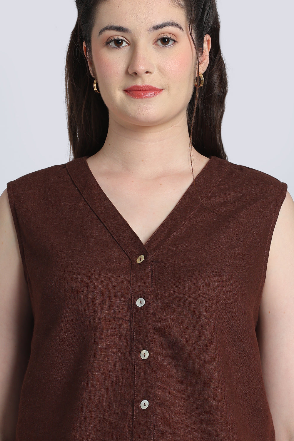 Brown Solid Viscose Linen Regular Fit Top for Women - Image 7