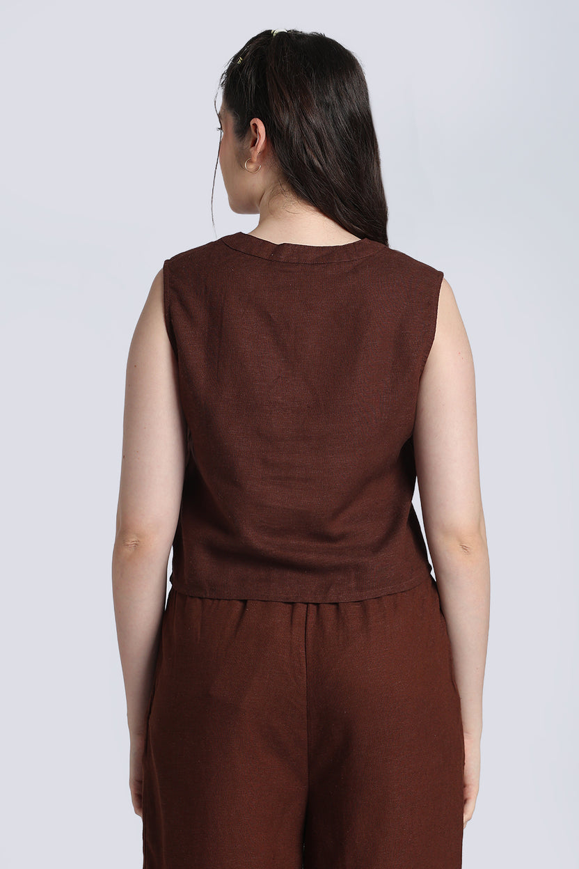 Brown Solid Viscose Linen Regular Fit Top for Women - Image 5