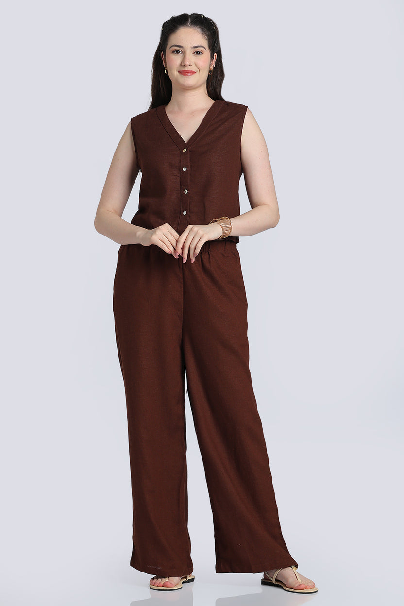 Brown Solid Viscose Linen Regular Fit Top for Women - Image 6