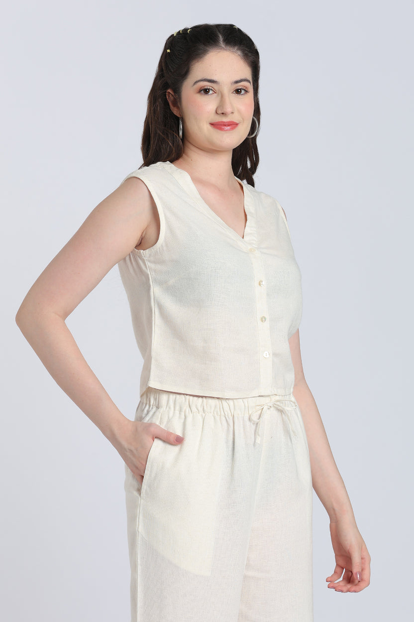 Off White Solid Viscose Linen Regular Fit Top for Women - Image 4