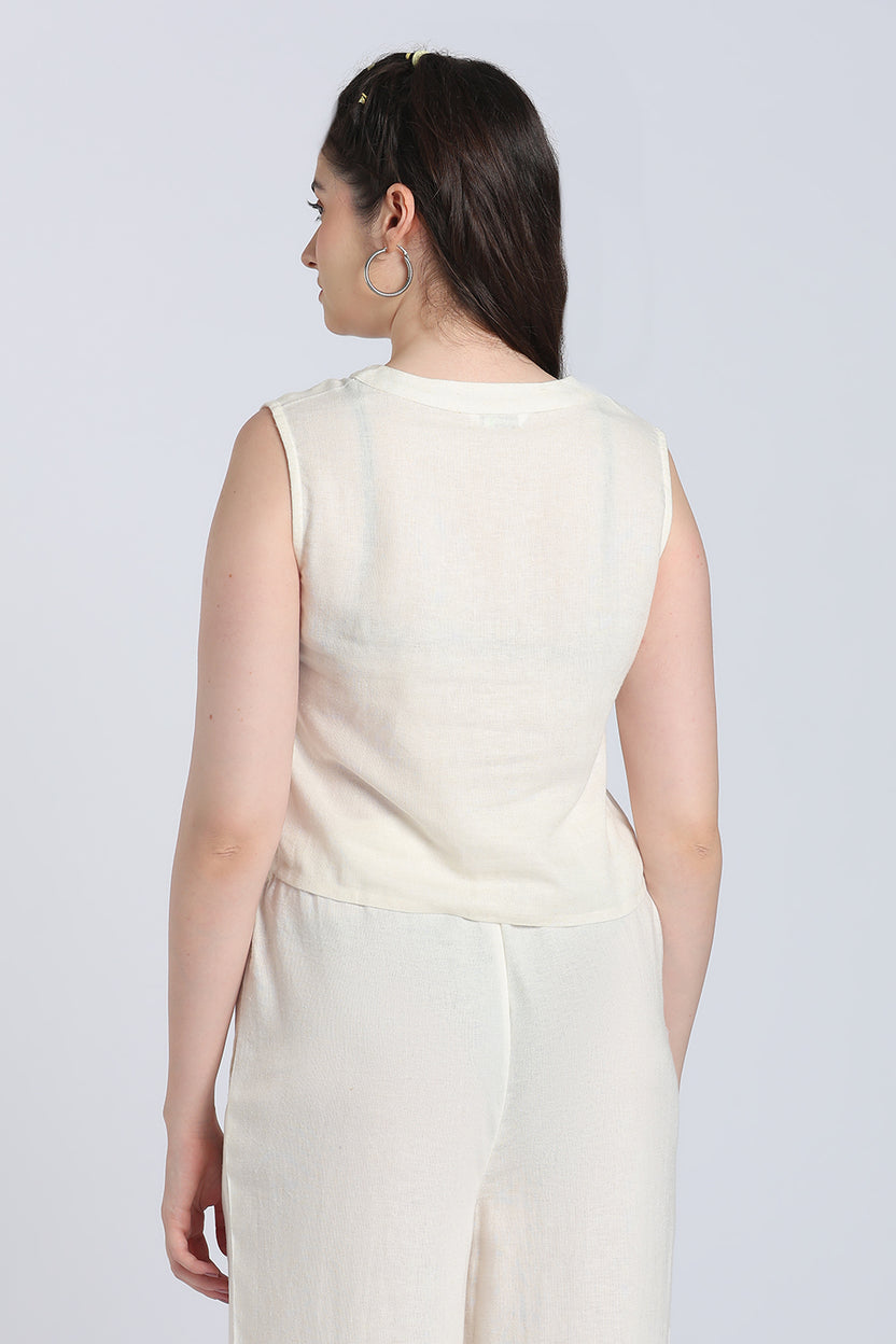 Off White Solid Viscose Linen Regular Fit Top for Women - Image 5