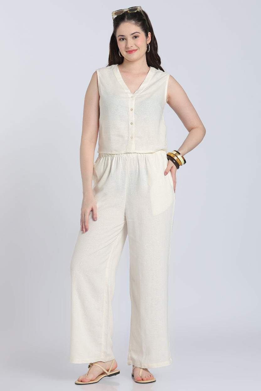 Off White Solid Viscose Linen Regular Fit Top for Women - Image 6