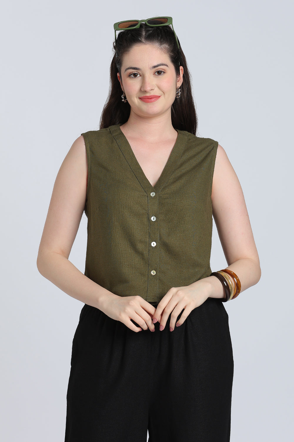 Olive Solid Viscose Linen Regular Fit Top for Women - Image 1