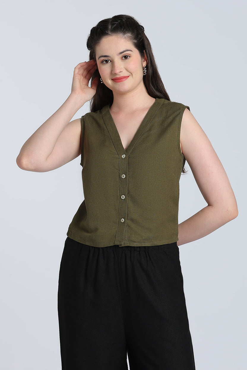 Olive Solid Viscose Linen Regular Fit Top for Women - Image 2