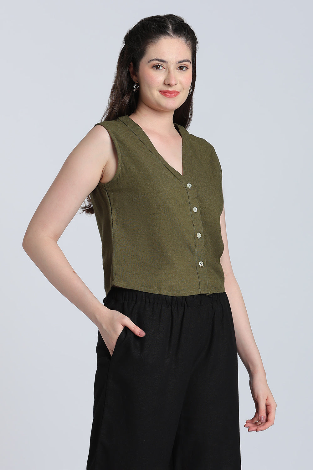 Olive Solid Viscose Linen Regular Fit Top for Women - Image 4