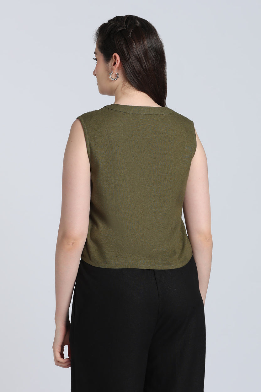 Olive Solid Viscose Linen Regular Fit Top for Women - Image 5