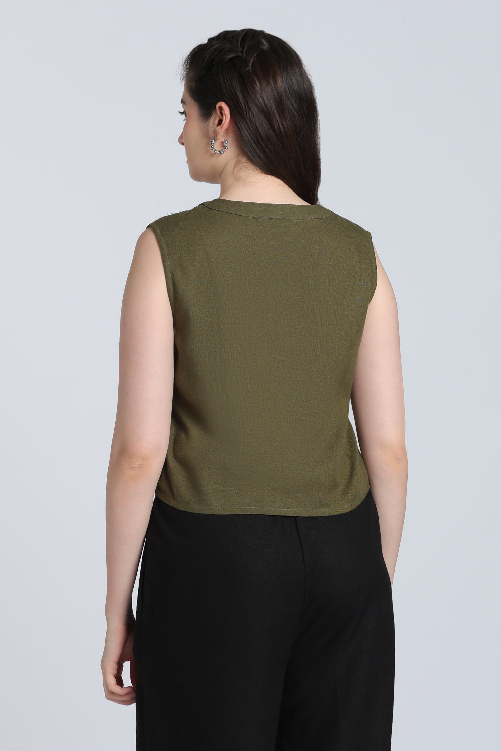 Olive Solid Viscose Linen Regular Fit Top for Women - Image 5