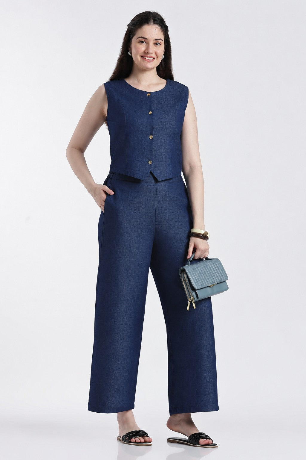 Navy Essential Wear Wide Leg Fit Co-Ord Set for Women - Image 1