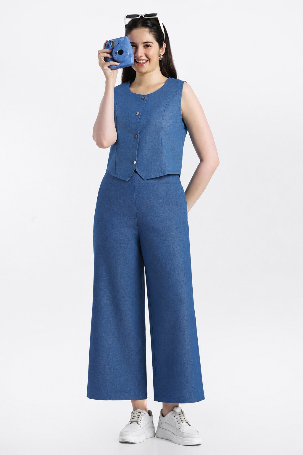 Blue Essential Wear Wide Leg Fit Co-Ord Set for Women - Image 1
