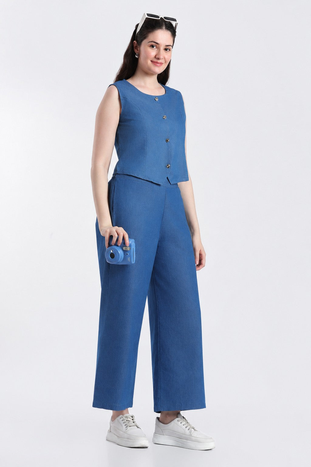 Blue Essential Wear Wide Leg Fit Co-Ord Set for Women - Image 6