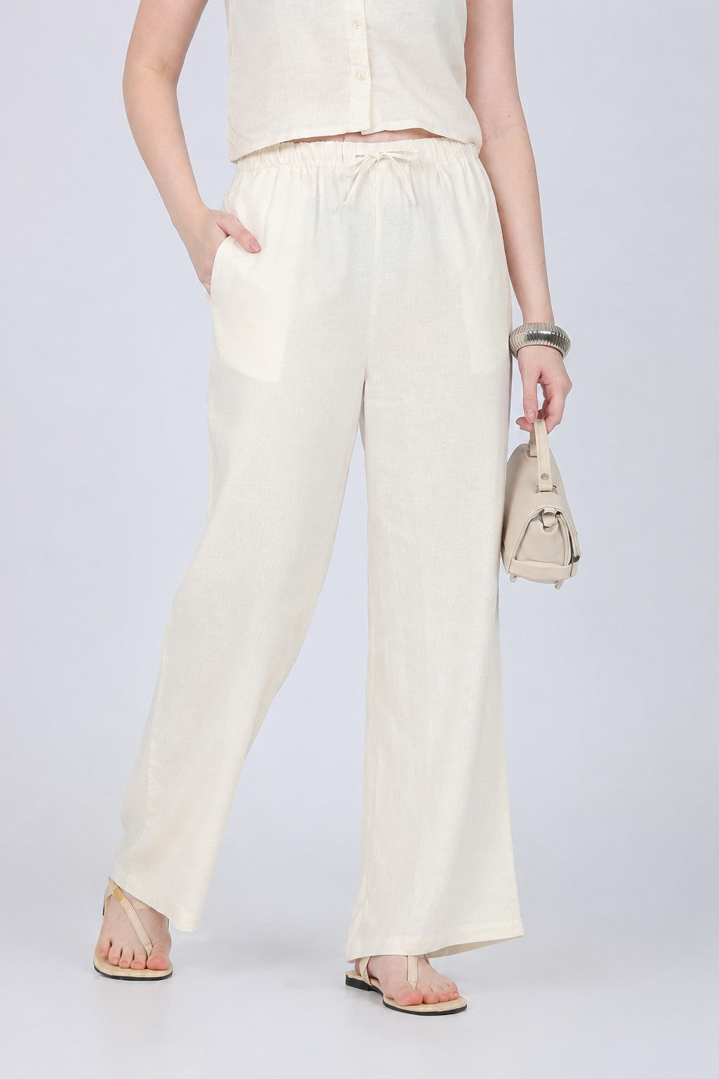 Cream Wide Leg Fit Palazzo With 2 Pocket for Women - Image 1