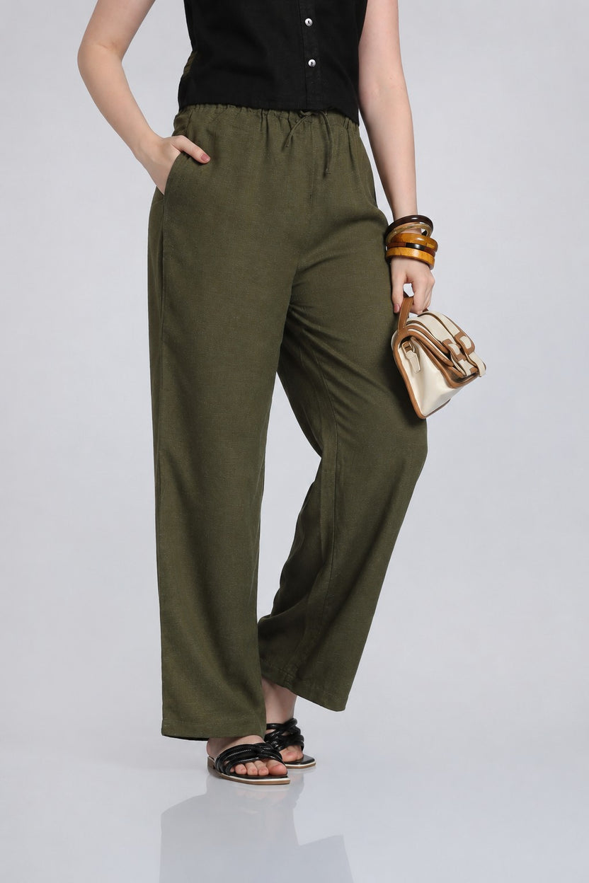 Olive Wide Leg Fit Pant With 2 Pocket for Women - Image 1